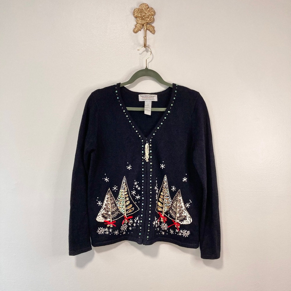 VTG Beaded Sequin Christmas Tree Black Zip Sweater Tiara International M Holiday